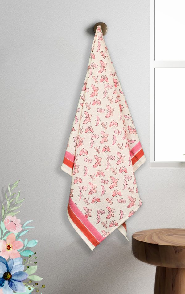 Pink Marsh Fritillary Hand Block Printed Kids Bath Towels