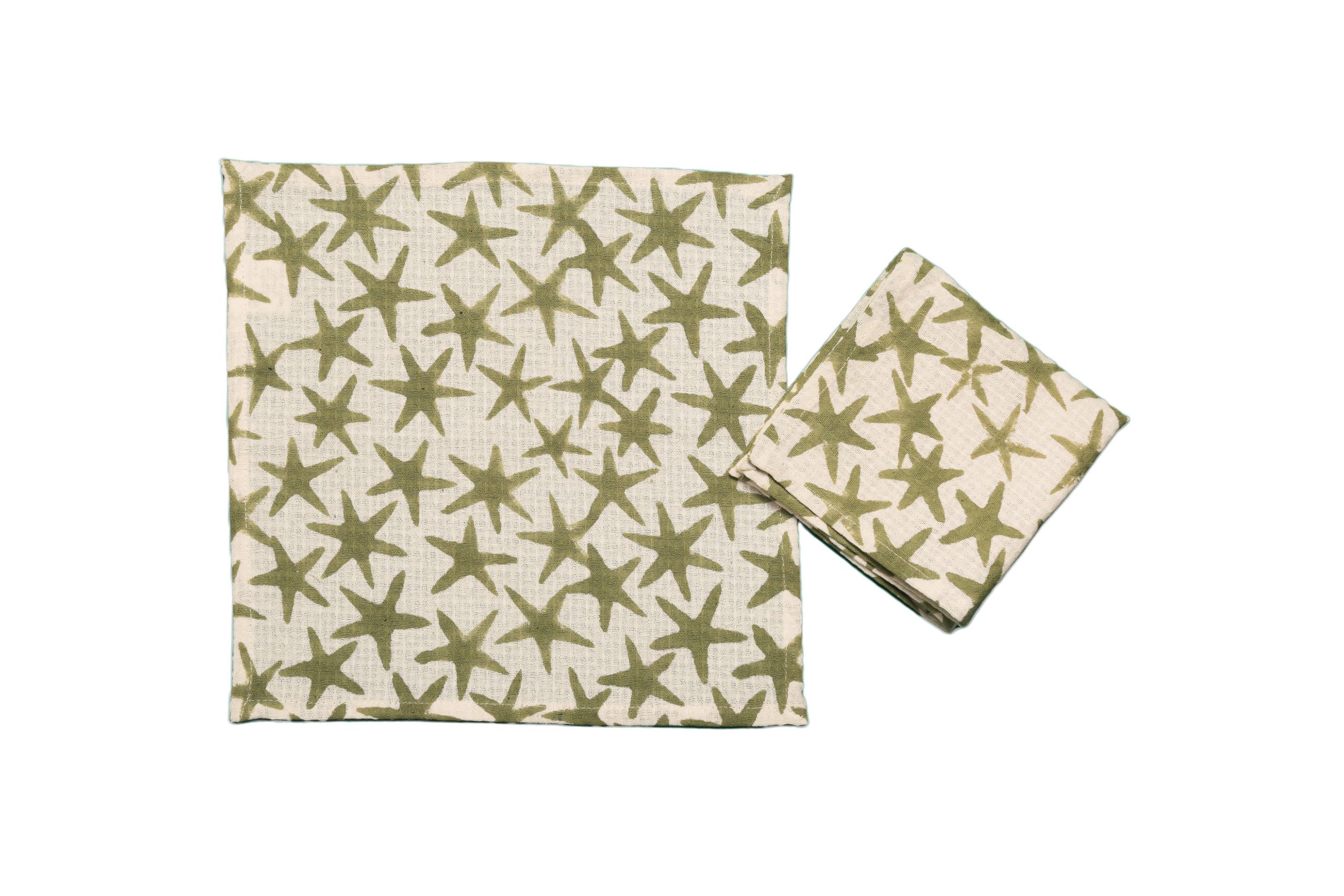 Green Alpha Star Block Printed Face Towels