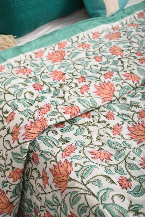 Green Orchids Block Printed Cotton Quilt