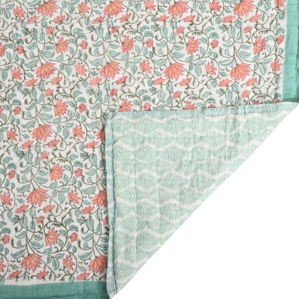 Green Orchids Block Printed Cotton Quilt - Image 2