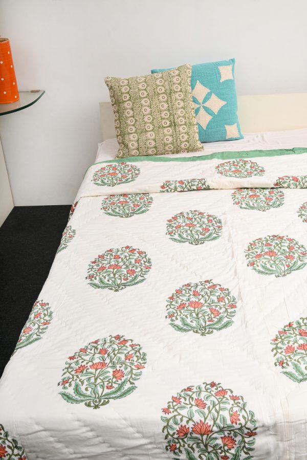 Green Carnation Block Printed Cotton Quilt - Image 3