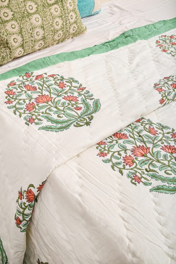 Green Carnation Block Printed Cotton Quilt