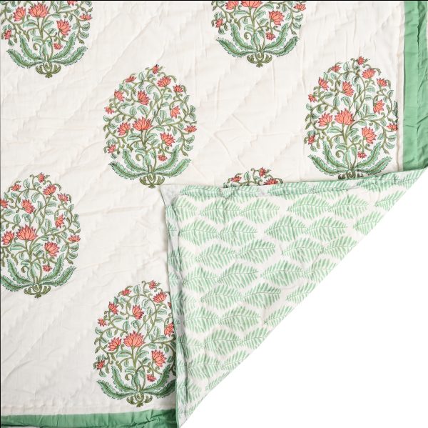 Green Carnation Block Printed Cotton Quilt - Image 2