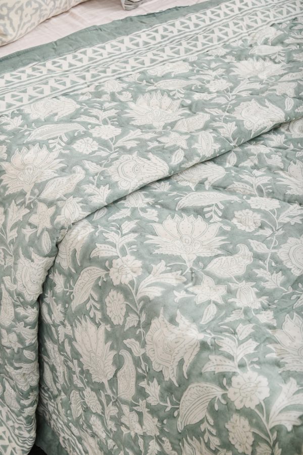 Green Prime Rose Block Printed Cotton Quilt