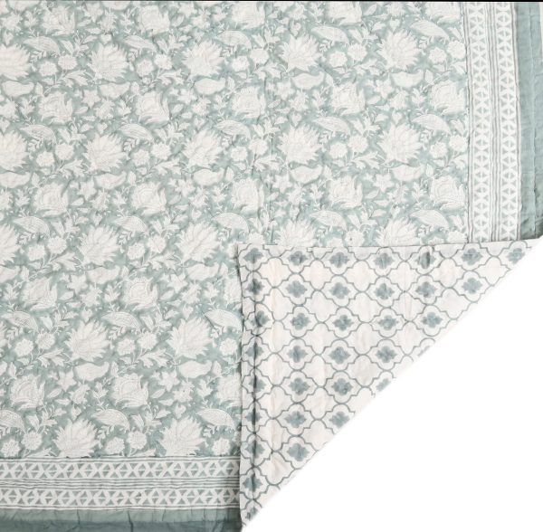 Green Prime Rose Block Printed Cotton Quilt - Image 2