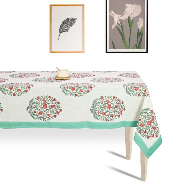 Green Carnation Block Printed Table Cover