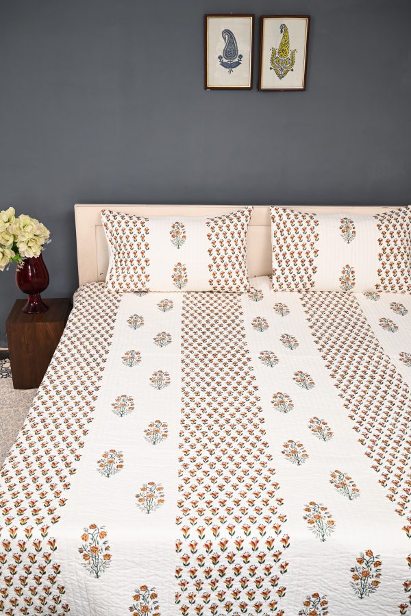 China Rose Hand Block Printed Quilted Bedcover with Pillow Covers