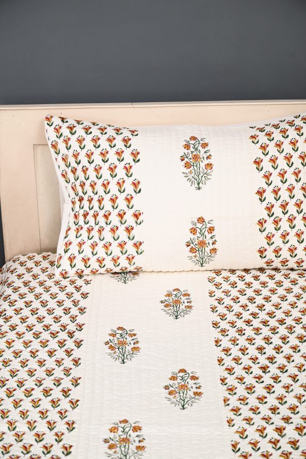 China Rose Hand Block Printed Quilted Bedcover with Pillow Covers - Image 5