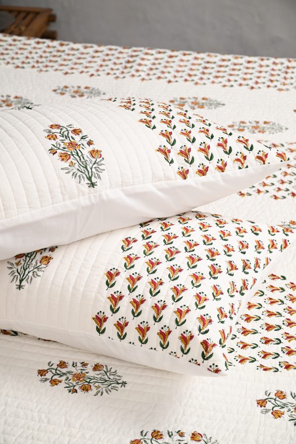 China Rose Hand Block Printed Quilted Bedcover with Pillow Covers - Image 4