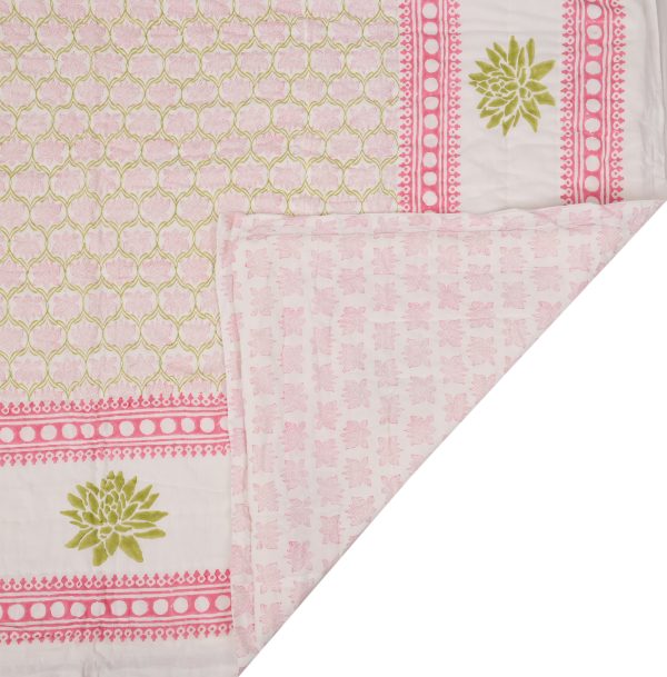 Pink Lotus Block Printed Cotton Quilt - Image 2