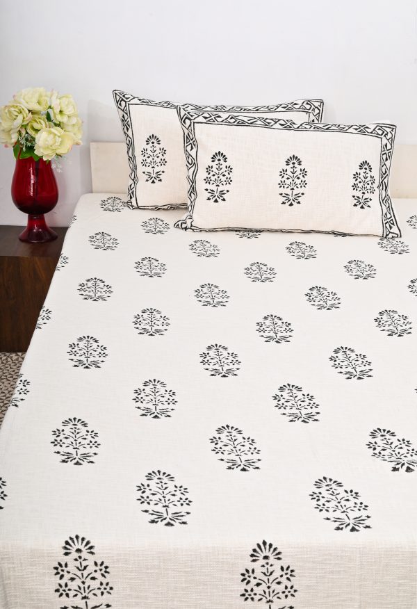 Black Hellebore Block Printed Cotton Jute Bedcover with 2 Pillow Covers