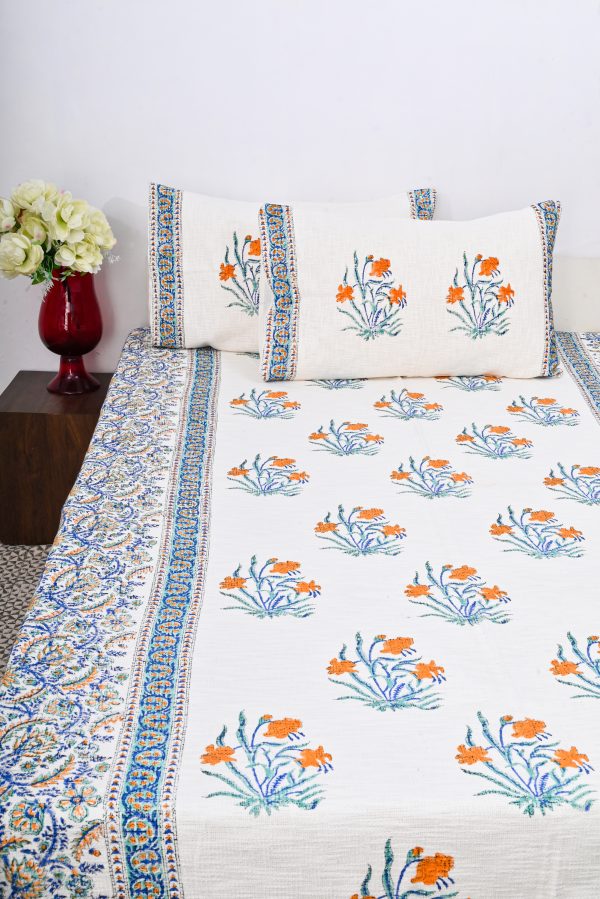 Spray Rose Block Printed Cotton Jute Bedcover with 2 Pillow Covers
