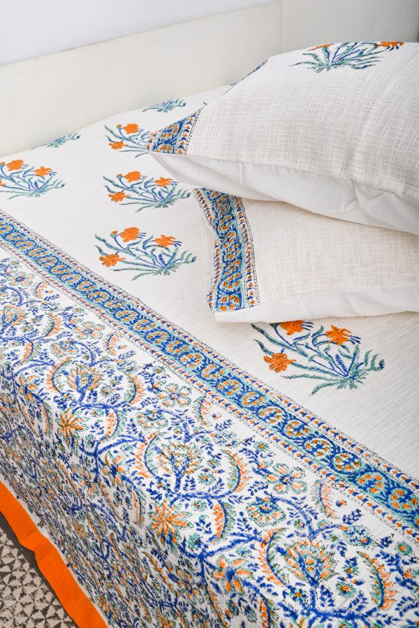 Spray Rose Block Printed Cotton Jute Bedcover with 2 Pillow Covers - Image 2