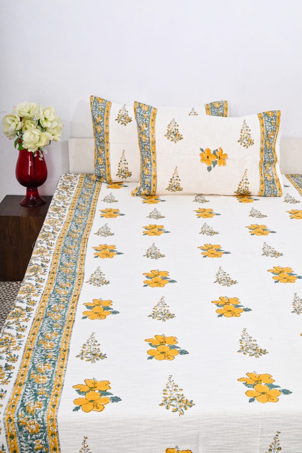 Dahlia Block Printed Bedcover Cotton Jute with 2 Pillow Covers