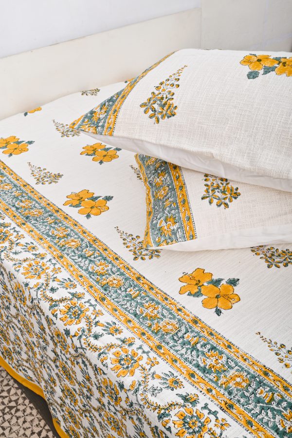 Dahlia Block Printed Bedcover Cotton Jute with 2 Pillow Covers - Image 2