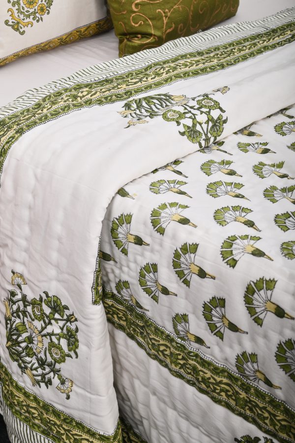 Green Amaryllis Block Printed Cotton Quilt