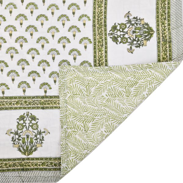 Green Amaryllis Block Printed Cotton Quilt - Image 2