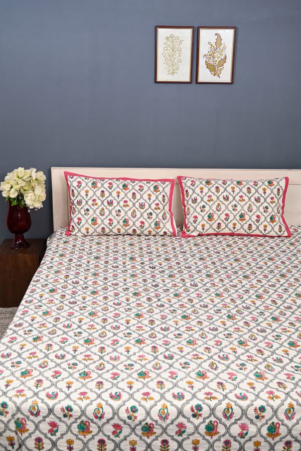 Foxglove Block Printed Cotton Jute Bedcover with 2 Pillow Covers