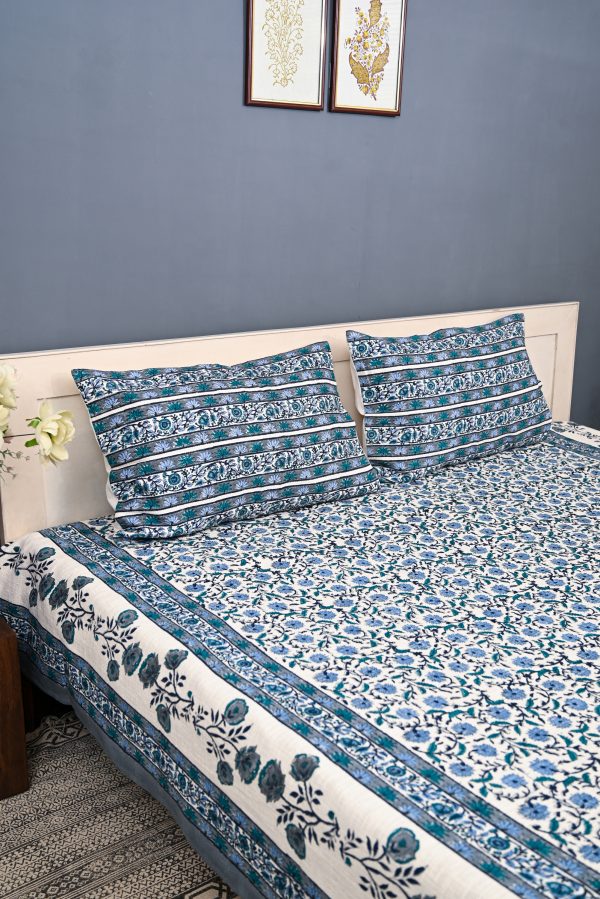 Blue Balloon Block Printed Cotton Jute Bedcover with 2 Pillow Covers