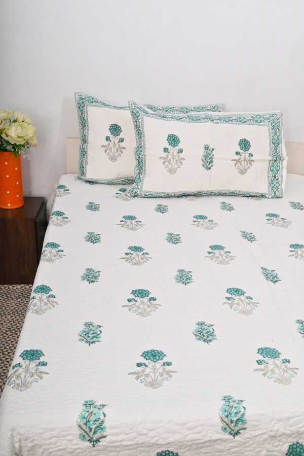 Snowdrop Hand Block Printed Quilted Bedcover with Pillow Covers - Image 2