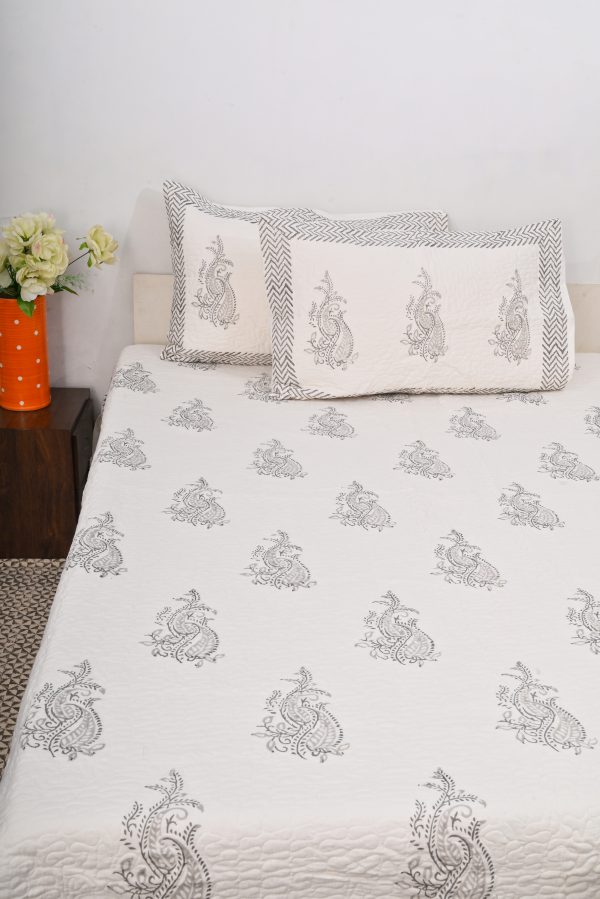 Fern Hand Block Printed Quilted Bedcover with Pillow Covers