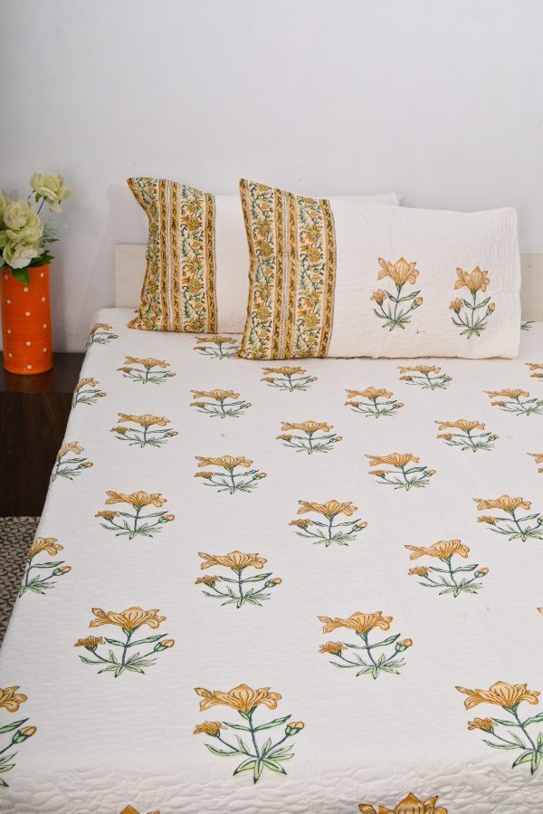 Sunflower Hand Block Printed  Quilted Bedcover with Pillow Covers