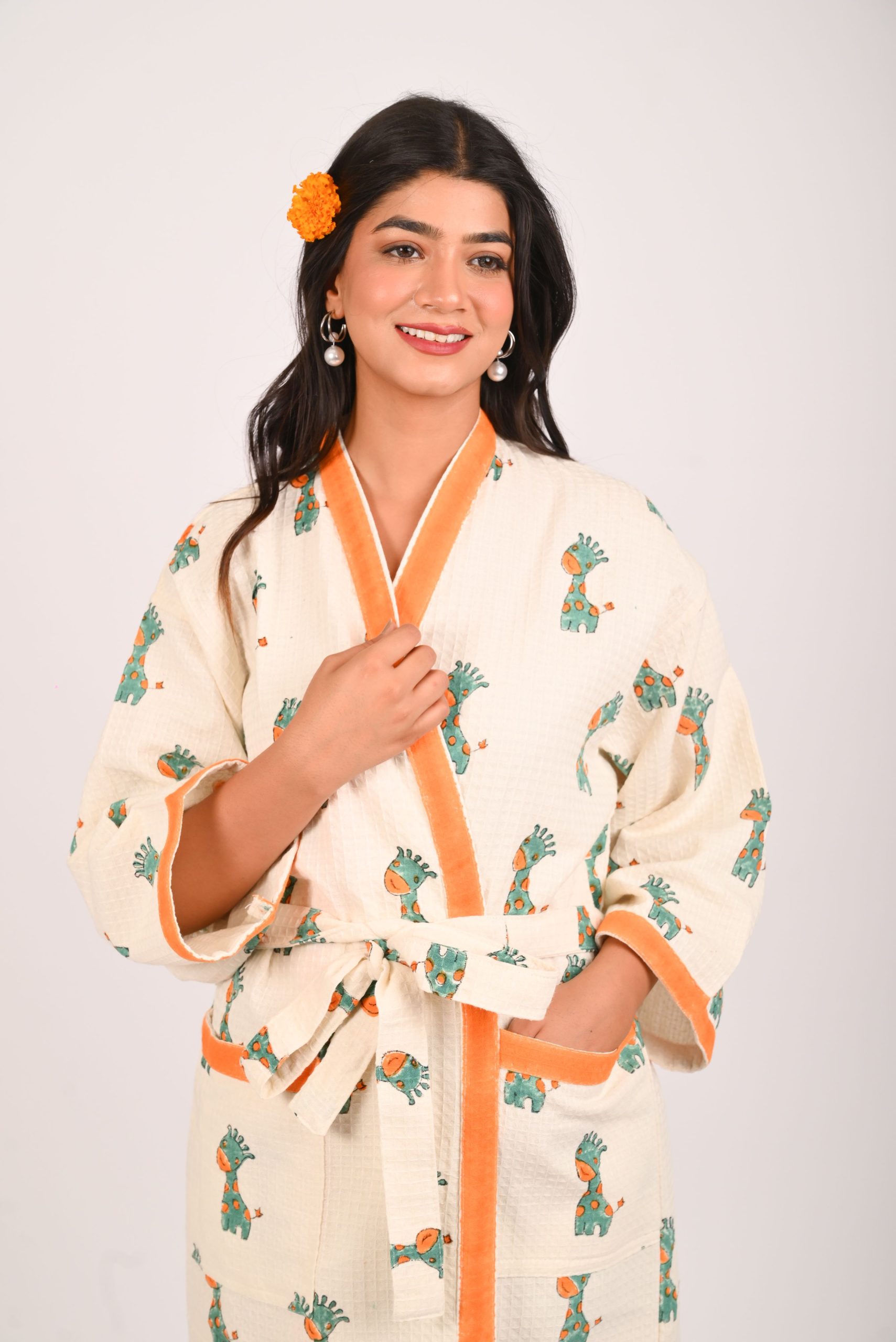 Green Safari Block Printed Bathrobe