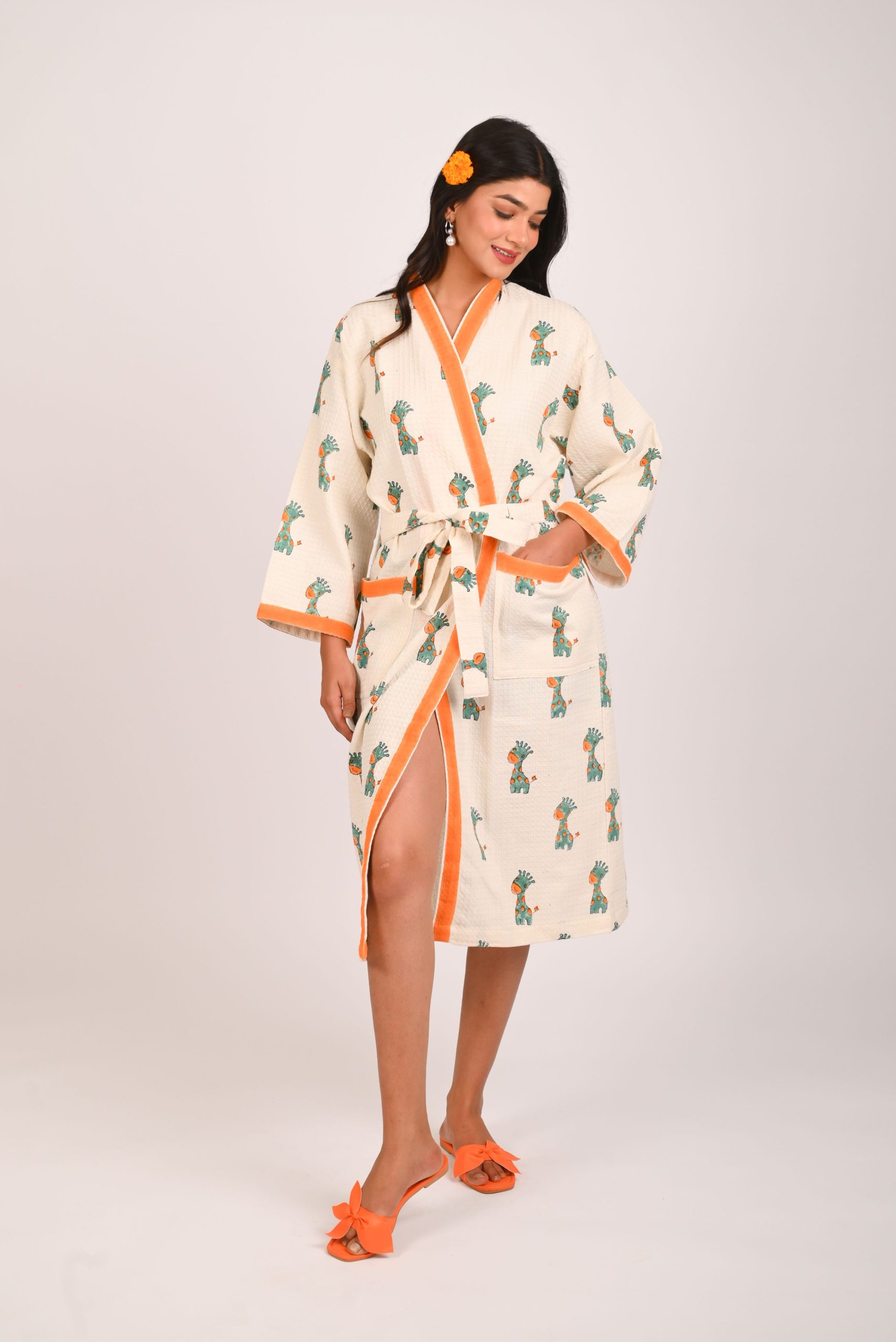 Green Safari Block Printed Bathrobe - Image 4
