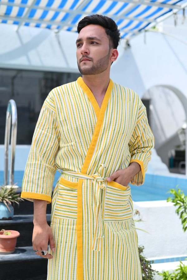 Yellow Fragrance Block Printed Bathrobe - Image 3