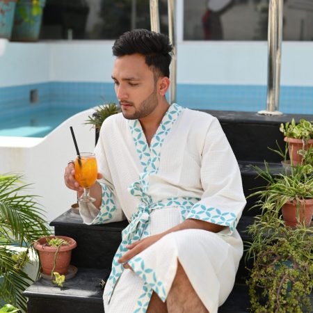 Blue Signature Block Printed Bathrobe - Image 4