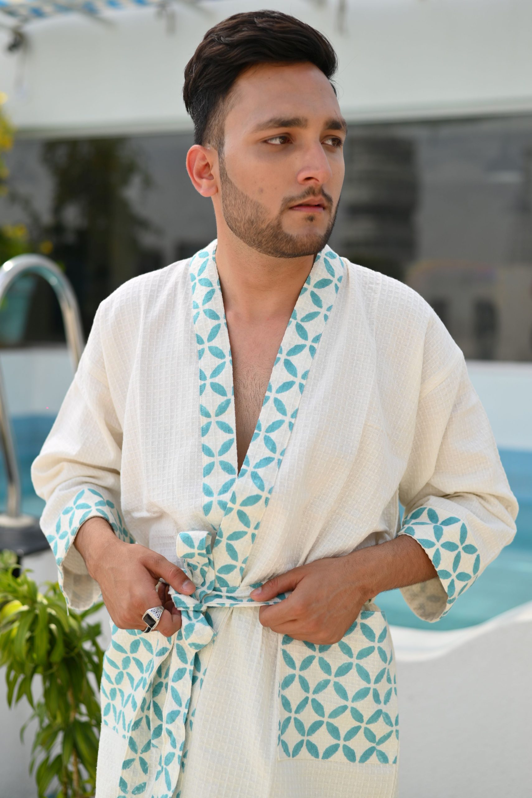 Blue Signature Block Printed Bathrobe
