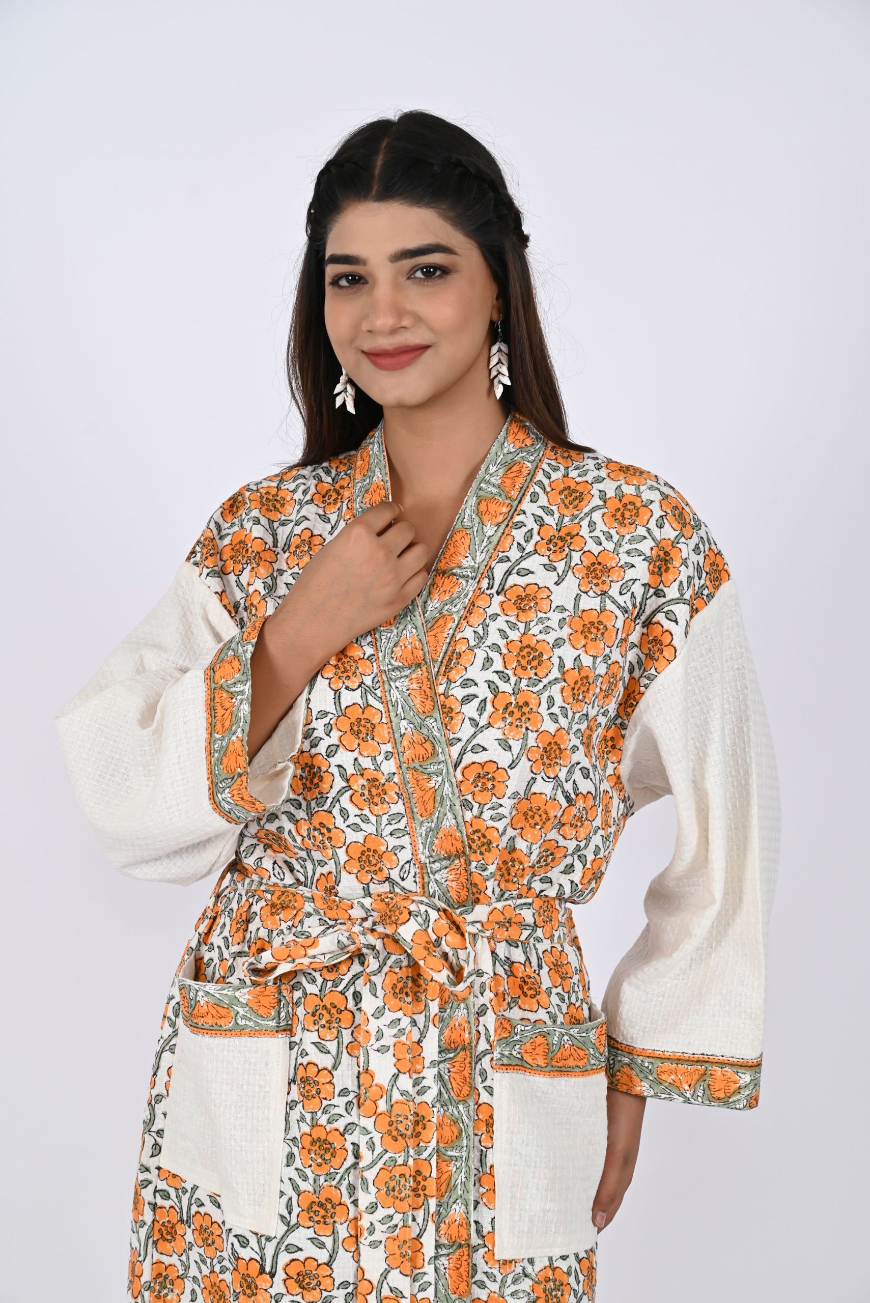 Melon Rose Block Printed Bathrobe