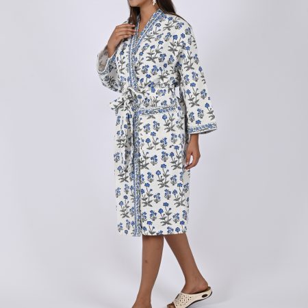 Blue Rally Flower Block Printed Bathrobe - Image 4