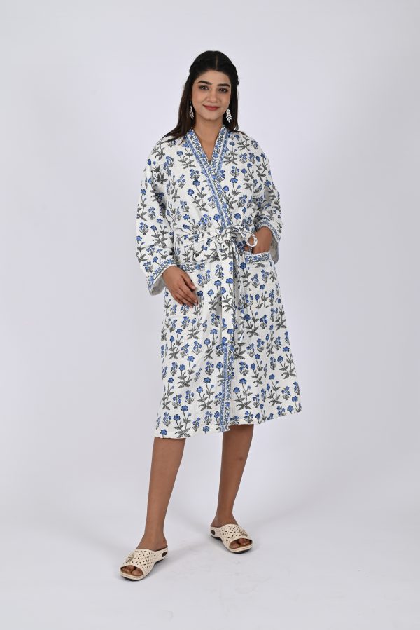 Blue Rally Flower Block Printed Bathrobe