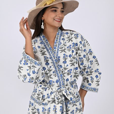 Blue Rally Flower Block Printed Bathrobe - Image 2