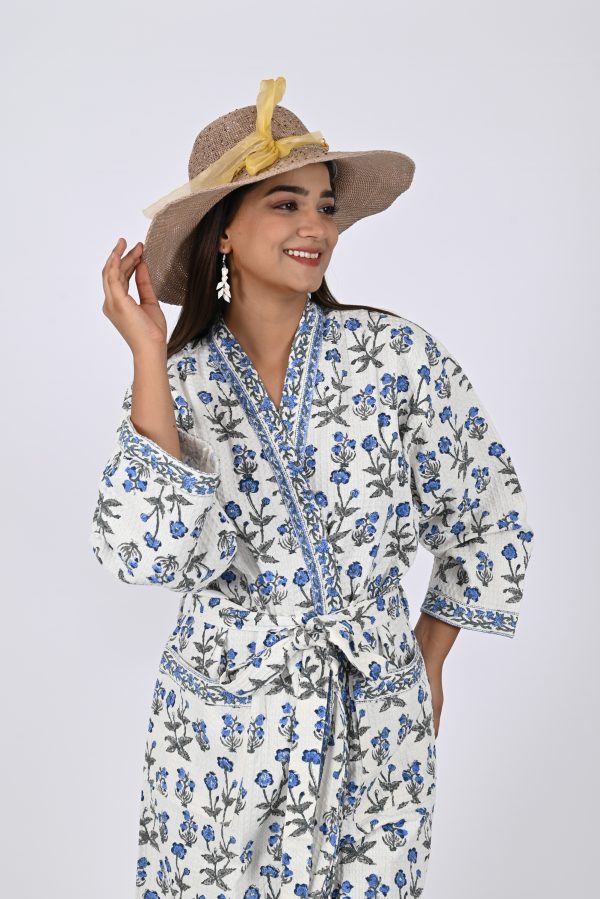 Blue Rally Flower Block Printed Bathrobe - Image 2