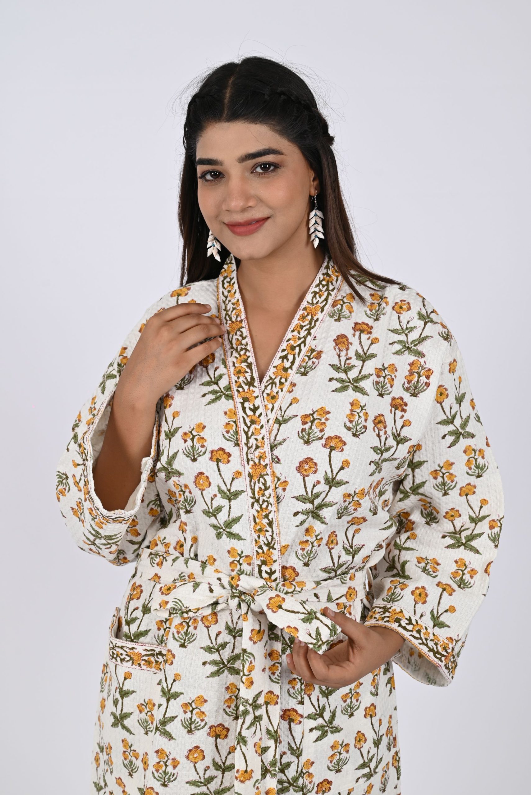 Pink Rally Flower Block Printed Bathrobe