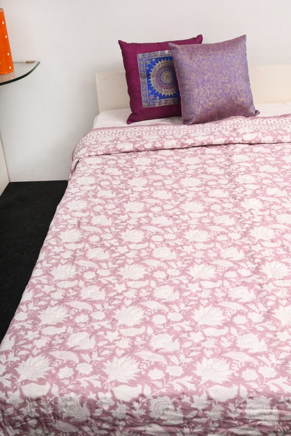 Wine Primer Rose Block Printed Cotton Quilt - Image 2