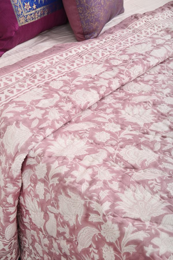 Wine Primer Rose Block Printed Cotton Quilt