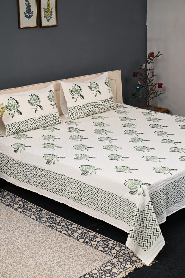 Sunset Green Block Printed , Jacquard Bedcover