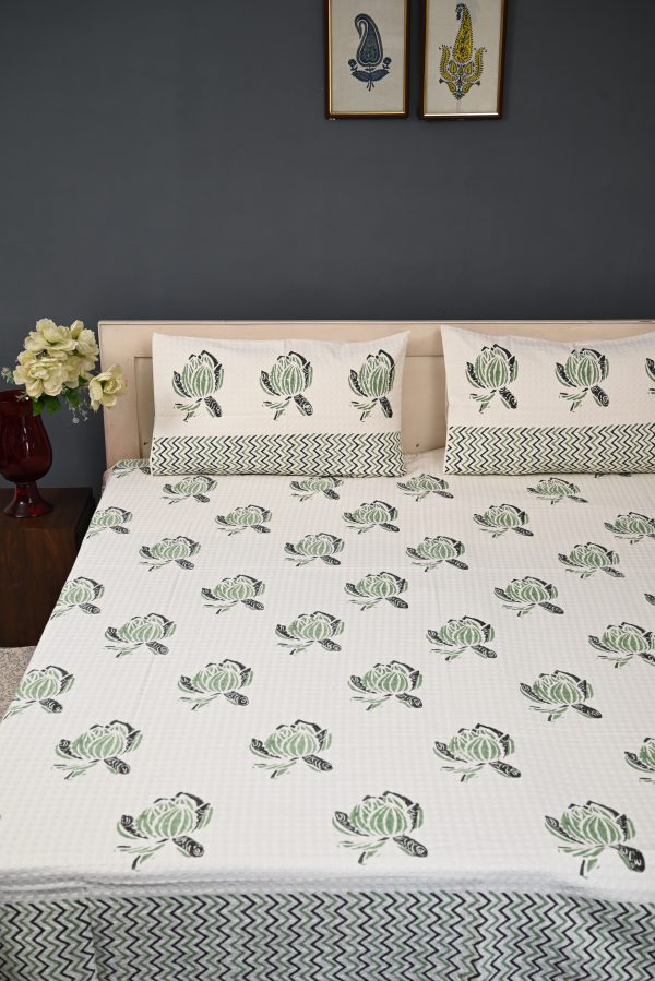 Sunset Green Block Printed , Jacquard Bedcover - Image 3