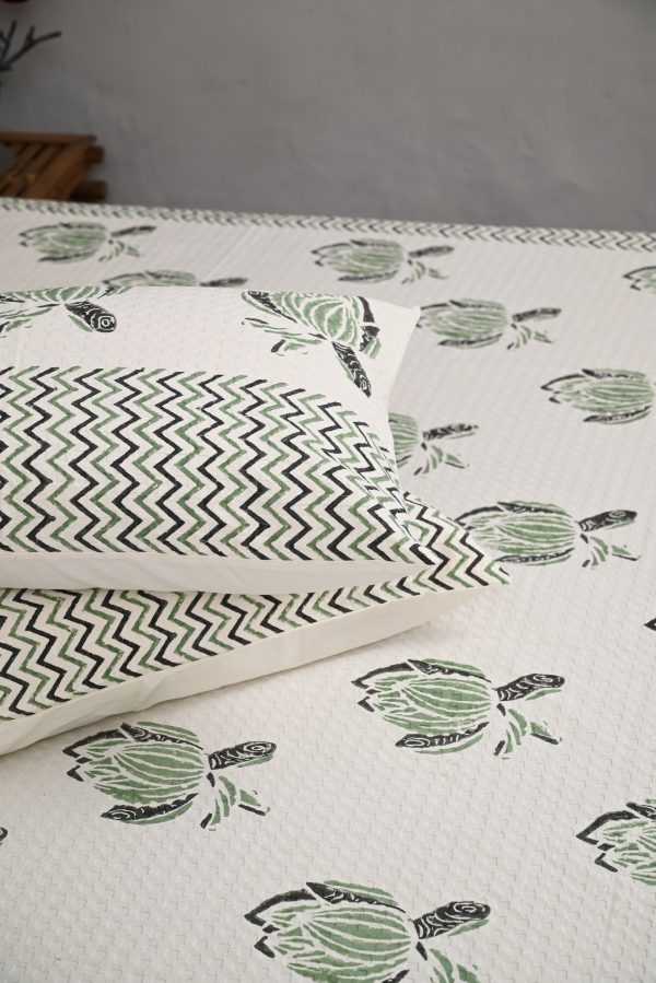 Sunset Green Block Printed , Jacquard Bedcover - Image 2