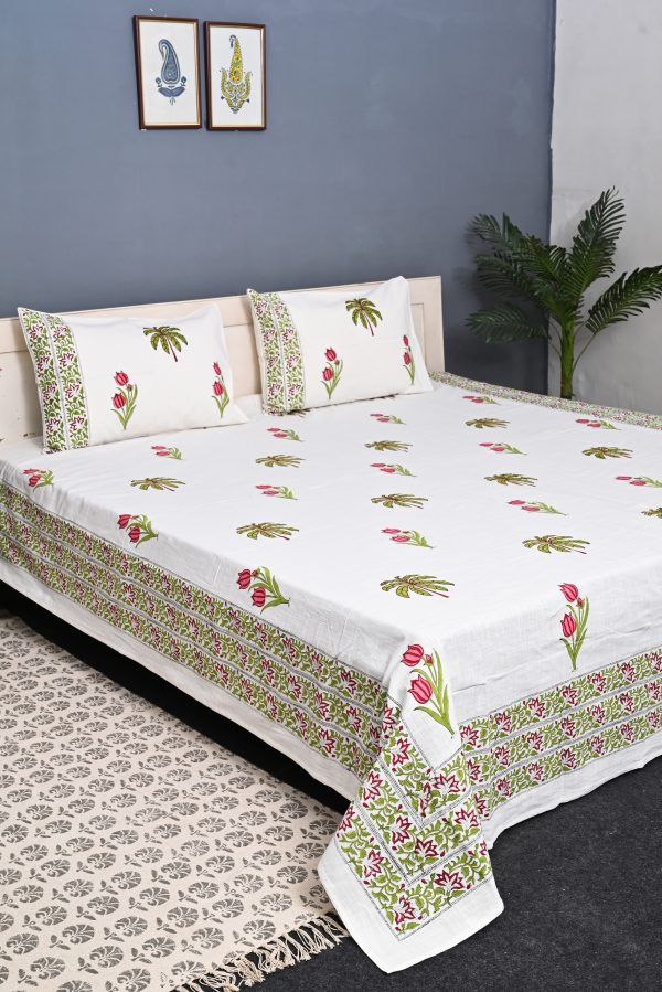 Red Aura Block Printed , Jacquard Bedcover