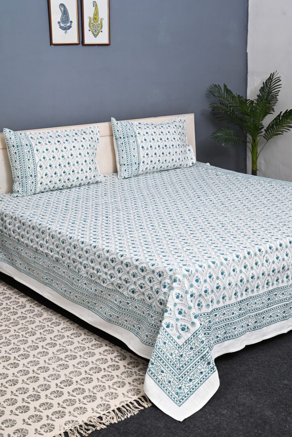 Teal Green Block Printed , Jacquard Bedcover
