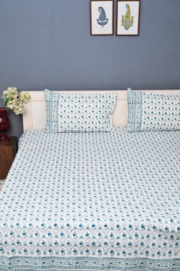 Teal Green Block Printed , Jacquard Bedcover - Image 3
