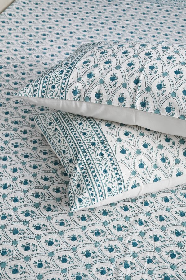 Teal Green Block Printed , Jacquard Bedcover - Image 2