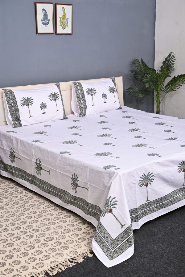 SUPER KING Green Coconut Palm Tree Block Printed Bedsheets