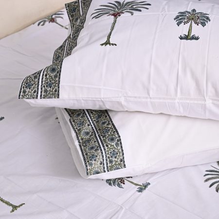 SUPER KING Green Coconut Palm Tree Block Printed Bedsheets - Image 3