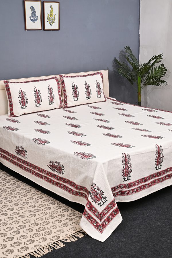 Oyster Red Block Printed , Jacquard Bedcover