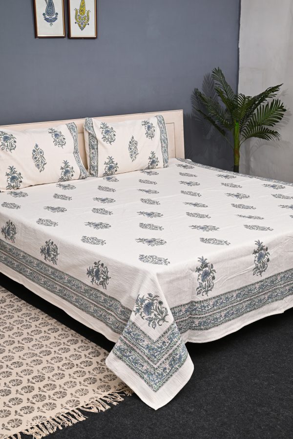 Spa Green Block Printed , Jacquard Bedcover